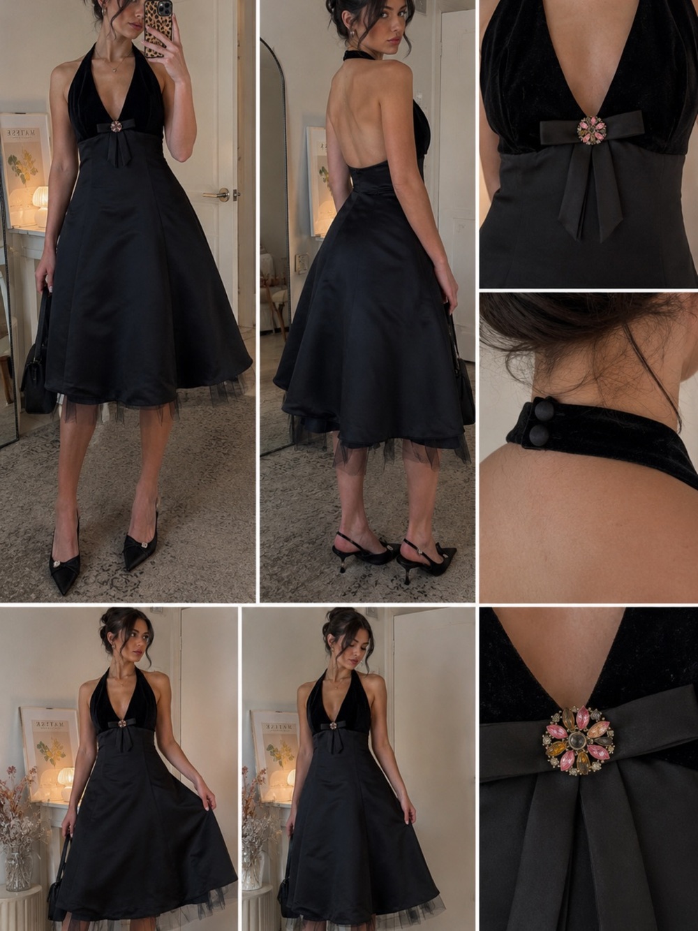 Vintage Y2K Jessica Howard Black Velvet Halter Backless Dress Size 6